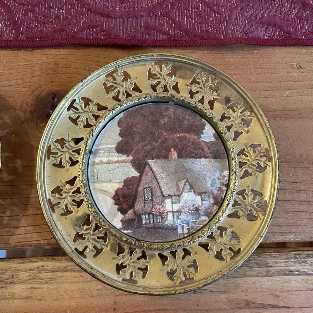 Vintage MCM/Hollywood Regency Brass Framed Foil Art Wall Decor Set Of 2  5.5